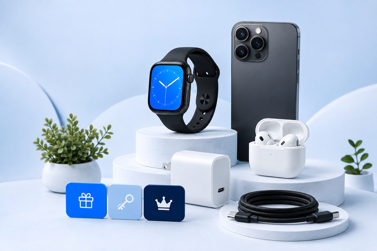 Premium everyday technology: Smartwatch, Wireless earbuds, Smartphone, Fast charger, Charging cable, Digital gift card, Activation key, Premium subscription